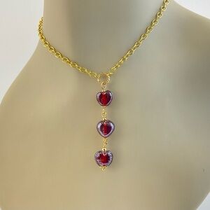 Rustic Red Czech Glass Lariat Necklace with Gold Plated Chain